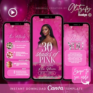 Any Age Shades of Pink Birthday Dinner Digital Invitation,Birthday Evite,Canva Editable Template,Birthday Girl,Luxury Pink Evite For Women