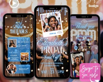 May include: A digital invitation for a prom send-off party. The invitation features a blue and gold colour scheme with a photo of a young woman wearing a crown and a blue dress. The text on the invitation reads "Elizabeth's Prom Send Off" and includes the date and time of the event. The invitation also includes a QR code that can be scanned to access more information.