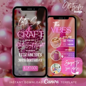 Let&#39;s Sip and Craft Girls Night Invitation,Jewelry making Party,Charms and bracelets party invitation,Girls Craft Night Invitation, pink diy