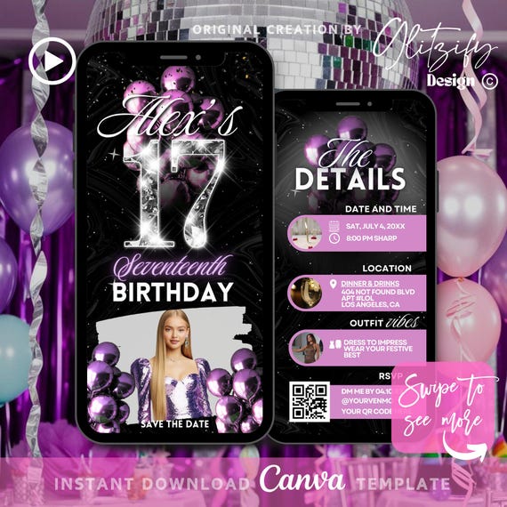 Purple & Silver 17th Birthday Animated Invitation (digital Download) - Etsy