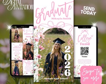 Boho Wildflower Graduation Announcement Digital, Class of 2026 Floral Modern Grad Video Invitation With Pink Bow, Send Online Or Print Card