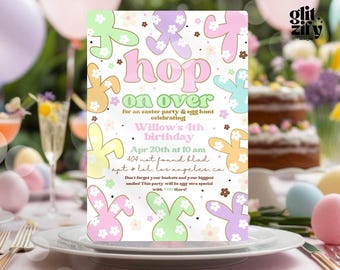Handgetekende uitnodiging paaseieren zoeken: pastel Peeps-feestje (canva bewerkbaar, digitale download)