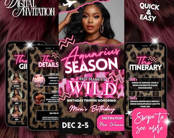 Aquarius Birthday Itinerary,Zodiac Girls Trip Itinerary Template,Digital Travel Schedule,Leopard Girls Getaway Weekend Planner,Editable