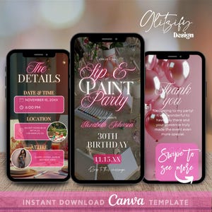 Animerad Sip and Paint-födelsedagsinbjudan: Redigerbar Canva-mall (digital nedladdning)