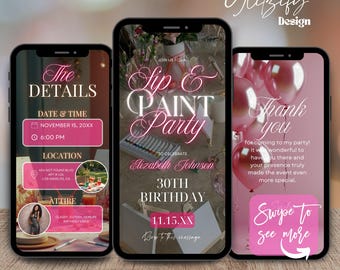 Animated Sip and Paint Birthday Invitation: Editable Canva Template (Digital Download)