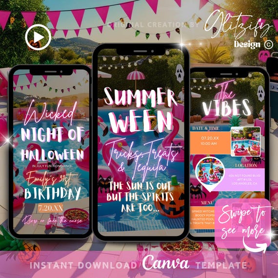 Summerween Pool Party Invitation: Animated Halloween Evite (Canva Template)