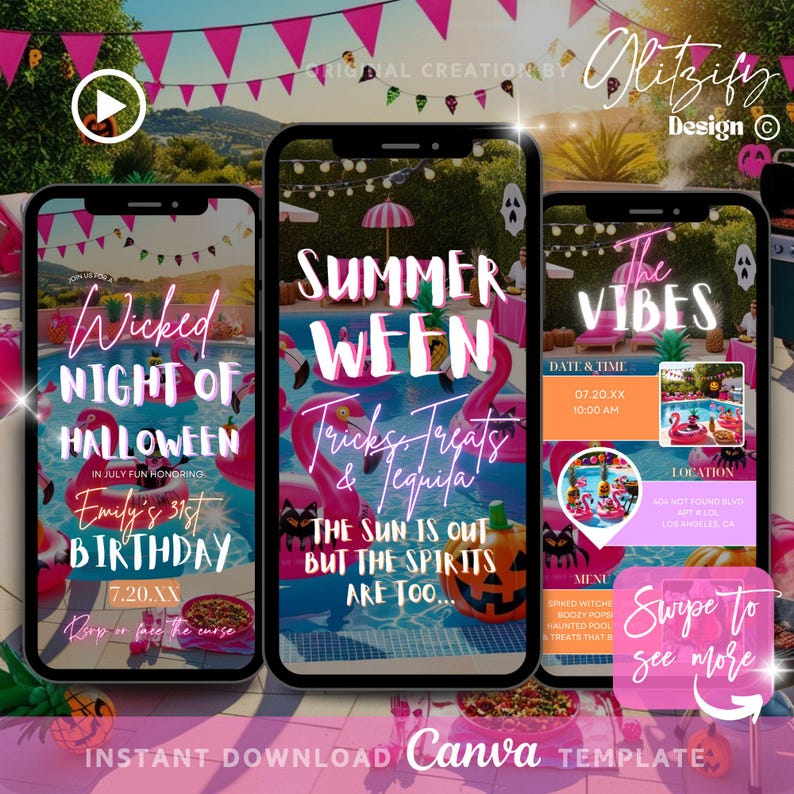 May include: Three smartphones displaying a party invitation template for a "Summerween" pool party. The design features pink flamingos, a pumpkin, and the text "Tricks, Treats & Tequila." The invitation includes event details and a "Swipe to see more" prompt.
