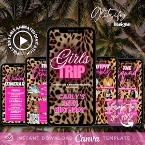 Leopard Glam Girl Trip Itinerary,Let&#39;s get wild Birthday Getaway Invite,Bachelorette Trip Invite,Cheetah Print Vacation Itinerary planner