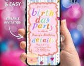 Fancy Birthday Invitation,Girls Fancy Birthday Evite,Fun Colorful Girls Party Invite,Scrapbook Style Vintage Stripes Pastel Craft Whimsical