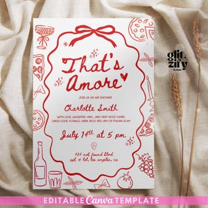 Faire-part de douche nuptiale That's Amore modifiable, douche nuptiale d'été italienne, pizza dessinée à la main et vin ambiance toscane lunatique ciao bella diy
