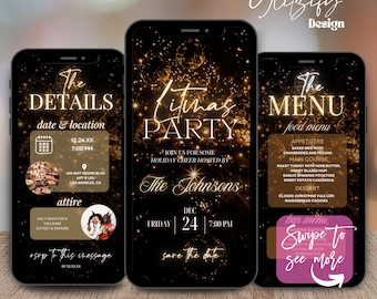 May include: A digital invitation for a Christmas party with a gold and black color scheme. The invitation features a sparkling background with stars and a text overlay that reads "It's a Christmas Party". The invitation also includes the date and time of the party, "Friday, December 24th, 7:00 PM", and the host's name, "The Johnsons".