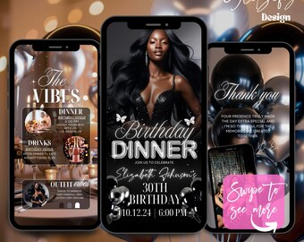 May include: A black and silver birthday dinner invitation with a photo of a woman in a black dress. The invitation includes the text "Birthday Dinner", "Elizabeth Johnson's 30th Birthday", and "10.12.24 | 6:00 PM".