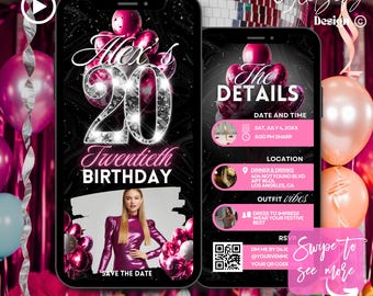 Pink & Silver 20th Birthday Invitation: Glam Party, Animated (Digital Download)