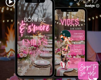 Animated Fall Bonfire Invitation: Pink & Gold, Editable in Canva (Instant Download, MP4 Video File)