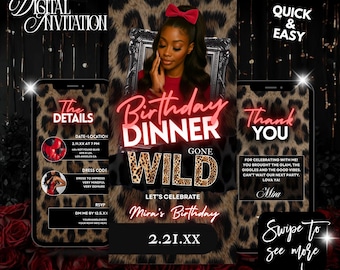 Cheetah Print Girls Night Invite,Cherry Leopard Birthday Invite,Editable Leopard Print Birthday Evite,Dinner and Drinks Gone Wild Evite