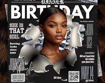May include: A black and silver birthday invitation template with a woman's portrait. The design includes the text "BIRTHDAY", "SHE IS THAT GIRL", and "MAY 14 @7PM". The template is editable and created with Canva.