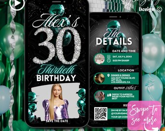 Green Silver 30th Birthday Animated Invitation: Glam Party (Digital Download)