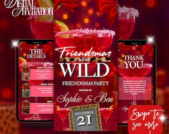 May include: Digital invitation template for a Friendsmas party, featuring a red and gold color scheme. The design includes cocktails, bows, and the text "Friendsmas Gone Wild." The template is available for instant download.