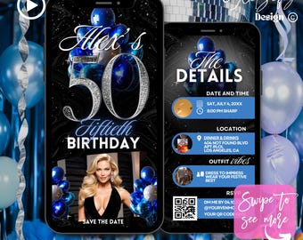 Blue Silver 50th Birthday Animated Invitation: Glam Party (Digital Download)
