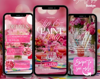 Animated Sip and Paint Birthday Invitation: Pink Floral Design (Digital Download)