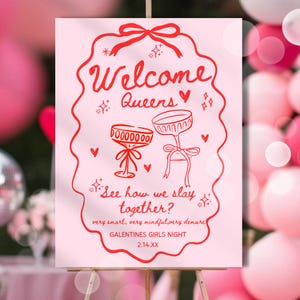 Plaque de bienvenue de Galentine, fête de bienvenue entre filles de la Galentine, Saint-Valentin dessiné à la main imprimable, plaque de griffonnage drôle, carte de bricolage de décoration de fête