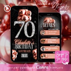 Rose Gold Glam 70th birthday Invitation,Rosegold Birthday Dinner Invitation,Balloon Diamond Birthday Party Invite,Digital birthday flyer