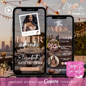 Peut inclure: Une invitation numérique pour une fête d'anniversaire avec un thème rose et or. L'invitation présente une photo d'une femme et le texte "Dîner et boissons pour célébrer le 34e anniversaire d'Elizabeth". L'invitation comprend également la date et l'heure de la fête, le lieu et le code vestimentaire.