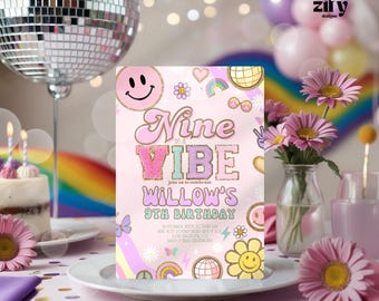 Nine is a Vibe Patch Letter Birthday Invitation Preppy Varsity Fashion Party Invite,Let&#39;s Party y2k Disco Birthday Invitation,SCL Inspired