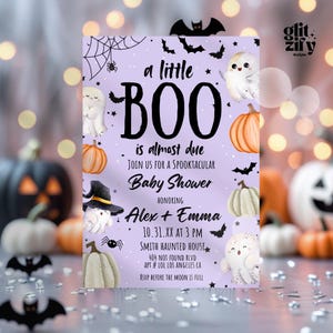 Little Boo is almost due Baby Shower Invitation Purple Cute Ghost,Gender Neutral  Halloween Baby Shower Invite,Spooky Baby Shower invitation