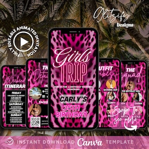 Pink Leopard Glam Girl Trip Itinerary,Let&#39;s get wild Birthday Getaway Invite,Bachelorette Trip Invite,Cheetah Print Vacation Itinerary flyer