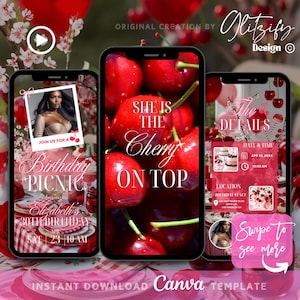 Op de afbeelding: Een digitale uitnodiging voor een verjaardags picknick met een kersenthema. De uitnodiging bevat een foto van een vrouw, de tekst "She is the Cherry on Top" en details over het evenement, inclusief de datum, tijd en locatie.