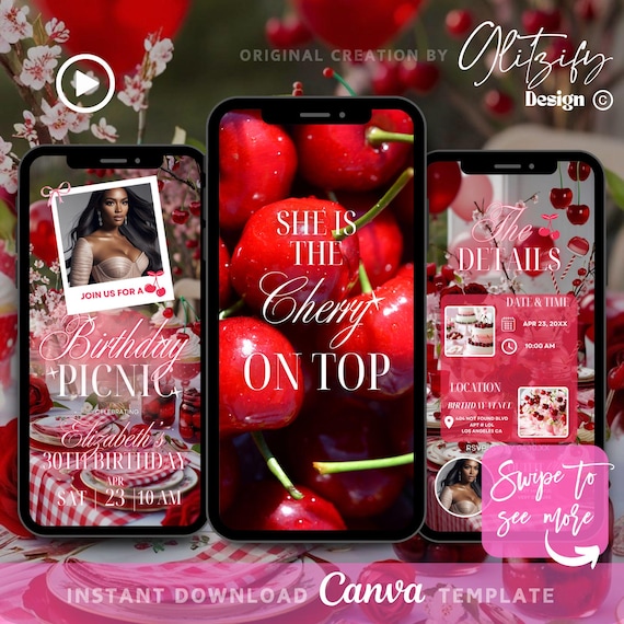 Cherry Birthday Picnic Video Invitation: Animated Party Invite (Instant Download)