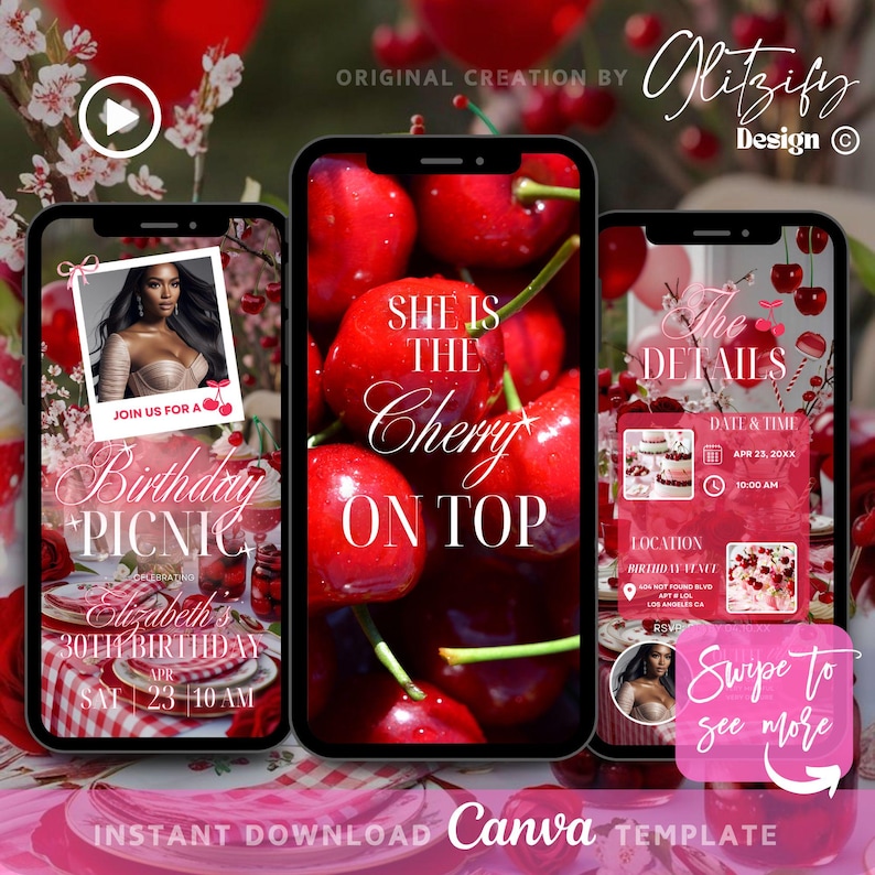 Op de afbeelding: Een digitale uitnodiging voor een verjaardags picknick met een kersenthema. De uitnodiging bevat een foto van een vrouw, de tekst "She is the Cherry on Top" en details over het evenement, inclusief de datum, tijd en locatie.