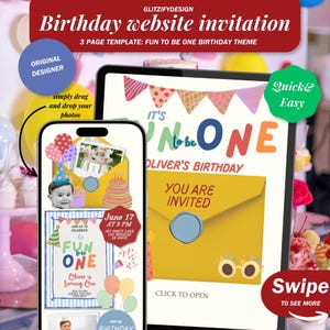 May include: A digital birthday website invitation template displayed on a smartphone and tablet screen. The design features colorful bunting, a yellow envelope with a wax seal, and the text It's Fun to be One, Oliver's Birthday, and You Are Invited.
