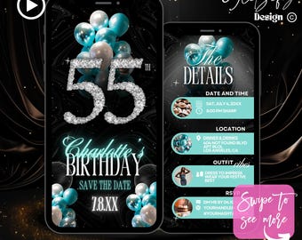 Aqua Blue 55th Birthday Animated Invitation: Elegant Balloon Party (Digital Download)