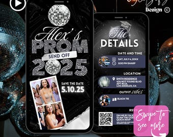 May include: A black and white digital invitation for a prom send-off party. The invitation features a disco ball design with the text "Alex's Prom Send Off 2025" and a save the date of 5.10.25. The invitation also includes details about the event, such as the date, time, location, and dress code. The invitation is designed to be used on the social media platform Canva.