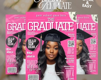 Roze afstuderen tijdschriftomslag uitnodiging, gepersonaliseerde afstudeercadeau, bewerkbaar afstuderen tijdschrift uitnodigen, Grad Celebration Flyer bewerkbaar