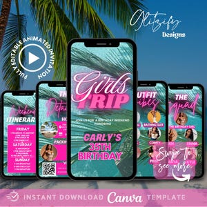 Pink Tropical Glam Girl Trip Itinerary,Vacation planner,Birthday Getaway Invite,Bachelorette Trip Invite,Palm Trees Vacation Itinerary flyer