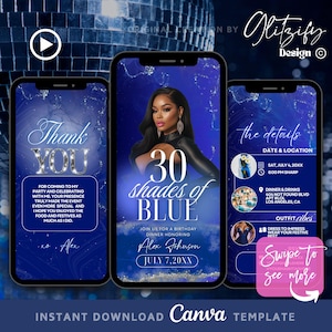 Any Age Shades of Blue Birthday Dinner Digital Invitation,Birthday Evite,Canva Editable Template,Birthday Girl,Luxury Invite,Evite For Women