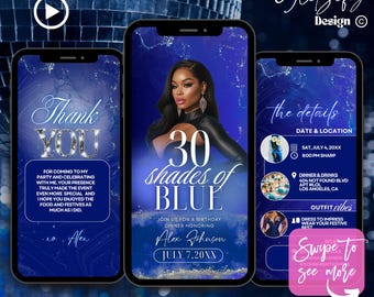 Shades of Blue Animated Birthday Dinner Invitation: Elegant Evite (Canva Editable Template, Digital Download)