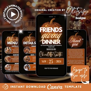 Puede incluir: Una plantilla de invitación digital para una cena de Acción de Gracias con amigos, que se muestra en varios teléfonos inteligentes. El diseño presenta una calabaza dorada y una tipografía elegante, con la fecha del 25 de noviembre de 2024.