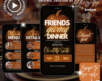 Modern Thanksgiving invitation,friendsgiving dinner invite,editable digital invite,friendsgiving menu evite,Thanksgiving Potluck evite canva