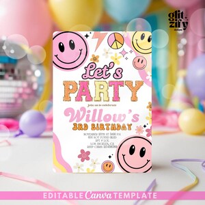 Peut inclure: Une invitation d'anniversaire rétro avec un thème rose et orange. L'invitation présente des visages souriants, des fleurs et le texte "Let's PARTY" et "Willow's 3RD BIRTHDAY". Le bas de l'invitation indique "EDITABLE Canva TEMPLATE".