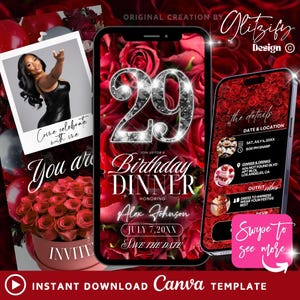 Digital Red 29th Birthday Invitation,roses 29th birthday Invite,red rose birthday Party invitation,Digital Birthday Flyer,Text Invitation