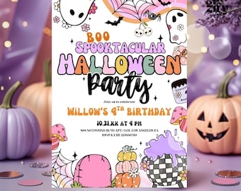 May include: A Halloween party invitation with the text "BOO SPOOKTACULAR HALLOWEEN party". The invitation includes ghosts, pumpkins, and the text "Willow's 4th Birthday". The design features a retro color palette.