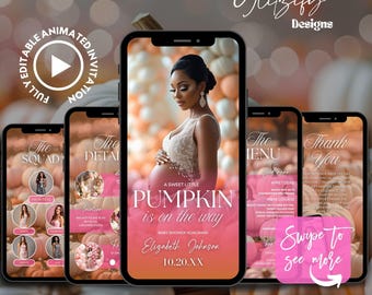May include: A digital invitation template for a baby shower, featuring a pregnant woman on a smartphone screen. The design includes text that reads "A Sweet Little Pumpkin is on the Way" and "Instant Download Canva Template."