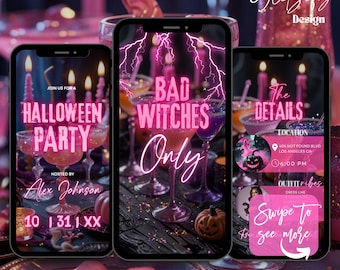 Animated Halloween Invitation: Bad Witches Girls Night Evite (Canva Template, Digital Download)