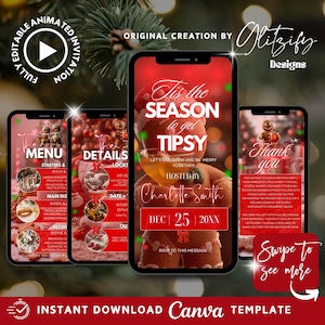 May include: A digital invitation template for a Christmas party, displayed on smartphones. The design features a gingerbread man, festive text, and a menu. The template is available for instant download and customization.