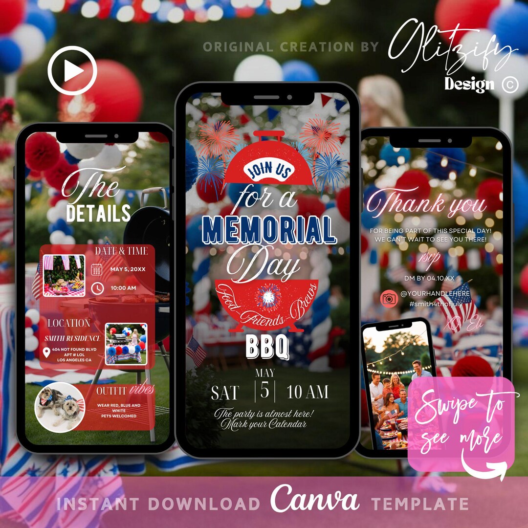 Memorial Day BBQ Animated Invitation: Editable Canva Template - Etsy