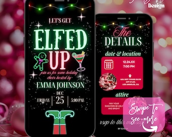 Let&#39;s get Elfed Up Weihnachtseinladung, Weihnachtsparty digitale Einladung, Neon Weihnachten Mädchen Nacht einladen, Neon Elfen Friendsmas Einladung